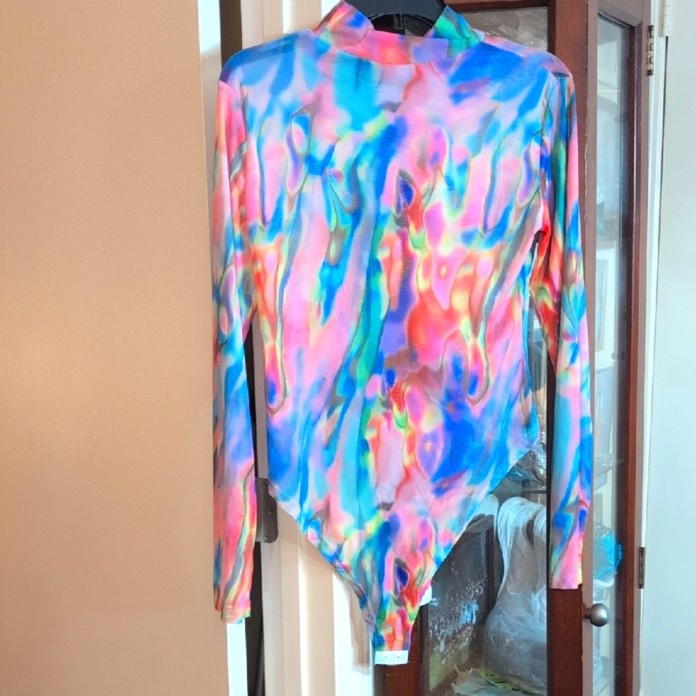 Colorful Tie-Dye Long Sleeve Bodysuit NWOT Very Sheer